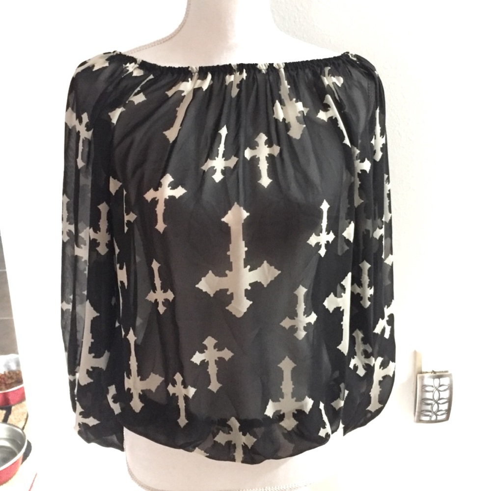 Emma Rose Black and White Cross Print Long Sleeve Sheer Blouse Sz M